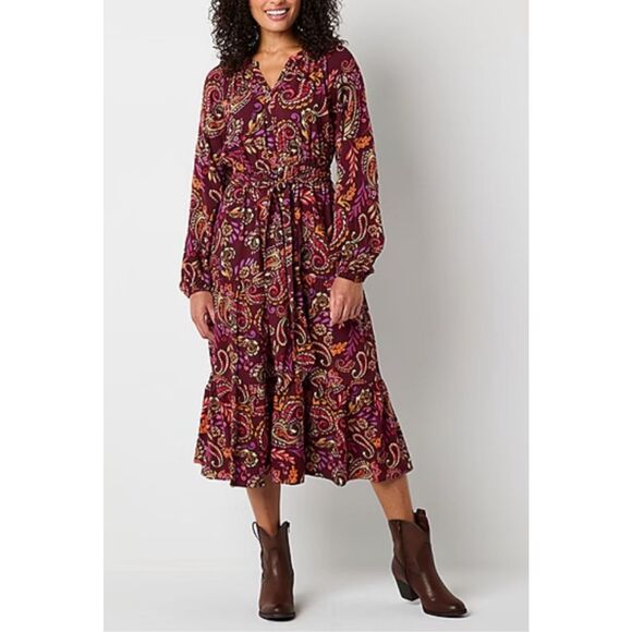 ST. JOHN’S BAY Dress Midi A-Line 2X Ruby Paisley Purple Floral Fall NWT Boho New - Picture 1 of 16